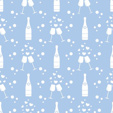 Şampanya bardağı, kalpler, şişe ile Seamless modeli. Tebrik kartı Sevgililer günün kutlu olsun. Romantik arka plan.