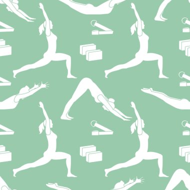 Kadınlar yoga ile Seamless modeli poz veriyor, bloklar, kemer için yoga. Sakin ol ve meditasyon. Sağlıklı bir yaşam tarzı. Eğitim dengesi. Banner için tasarım ve baskı.