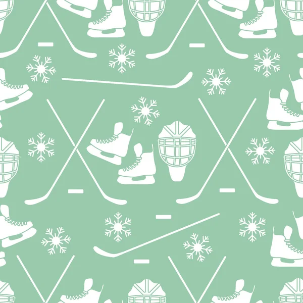 Seamless pattern with skates, goalkeeper mask, hockey stick, ice hockey puck, snowflakes. Winter sports background. Hockey equipment. Games, hobbies, entertainment.