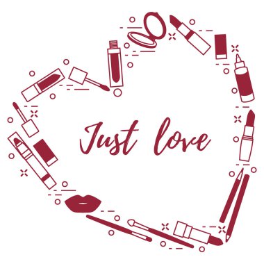 Vektör çizim yazıt sadece sevgi ve kalp şeklinde bulunan dudaklar için dekoratif kozmetiği ile. Büyük satış ve alışveriş kavramı. Başlık sayfası, poster veya baskı için tasarım.