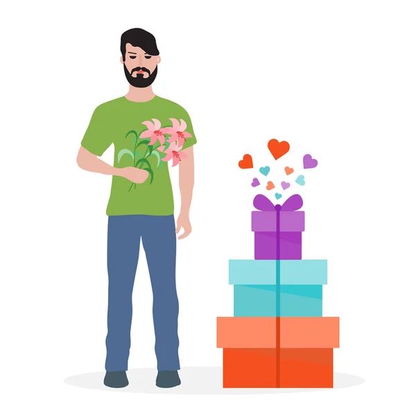 Młody Człowiek Kwiatami Pudełeczka Tło Urodziny Walentynki Dzień Matki Projektowanie — Wektor stockowy