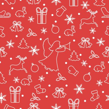 Mutlu yeni yıl 2019 ve Noel seamless modeli. Melek, eldivenler, tavşan, kızak, Hediyelik, kar taneleri, geyik, çan, Noel çorap, top, ökseotu, Noel ağacı ile kış illüstrasyon.