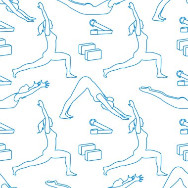 Kadınlar yoga ile Seamless modeli poz veriyor, bloklar, kemer için yoga. Sakin ol ve meditasyon. Sağlıklı bir yaşam tarzı. Eğitim dengesi. Banner için tasarım ve baskı.