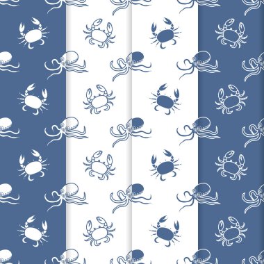 Ahtapot ve yengeçler ile seamless modeli 4 vektör kümesi. Deniz sakinleri. Hayvanlar su altında. Deniz ürünleri. Tasarım kaydırma, kumaş, deniz arka plan, yazdırma için.