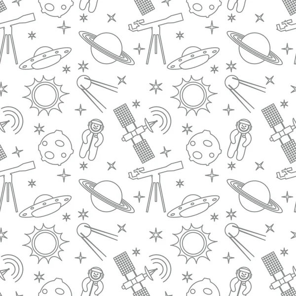 Seamless pattern with telescope, UFO, satellite, planets, astronaut, orbital station, sun, stars. Space exploration. Astronomy. Science.
