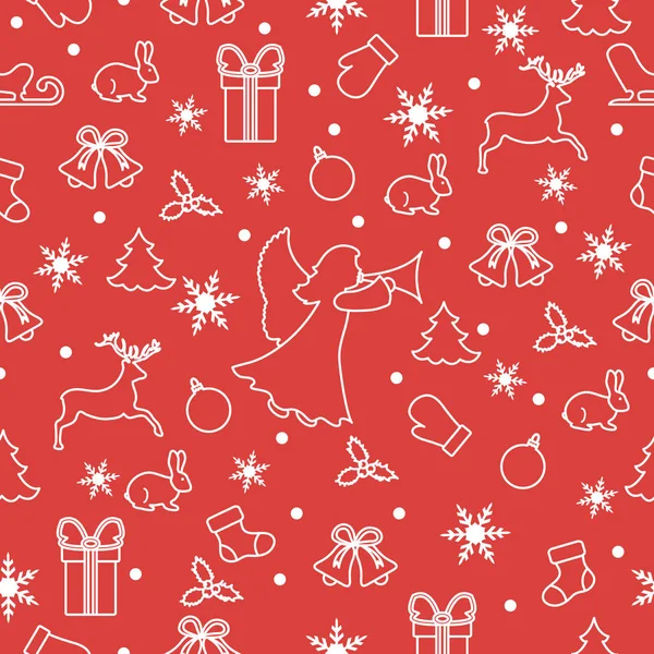 Mutlu yeni yıl 2019 ve Noel seamless modeli. Melek, eldivenler, tavşan, kızak, Hediyelik, kar taneleri, geyik, çan, Noel çorap, top, ökseotu, Noel ağacı ile kış illüstrasyon.