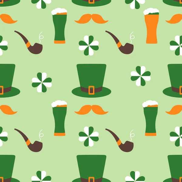 Motif Sans Couture Avec Feuilles Trèfle Moustache Verre Bière Chapeau — Image vectorielle