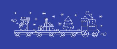 Komik vektör çizim Noel Tren taşır Noel ağacı ile süpürge, hediyeler ile kardan adam. Mutlu yeni yıl 2019, Noel kartı.