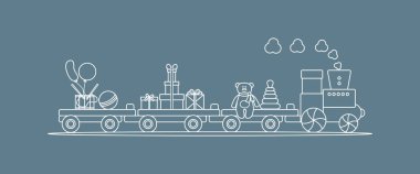 Komik vektör çizim tren ile taşır oyuncaklar: piramit, ayı, hediyeler, top, davul, balonlar. Mutlu yeni yıl 2019, Noel, Doğum günü. Satış, alışveriş kavramı.