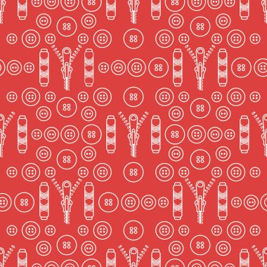 Fermuar, düğme, konu ile Seamless modeli. Dikiş ve iğne işi arka plan. Şablon tasarım, kumaş, yazdırma.