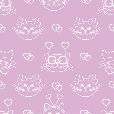 Namlu kedilerin karnaval maske, Gözlük, kravat, yay, saç bantları ve kalpleri ile Seamless modeli. Tebrik kartı Sevgililer günün kutlu olsun. Romantik arka plan. Karnaval şenlikli kavramı.