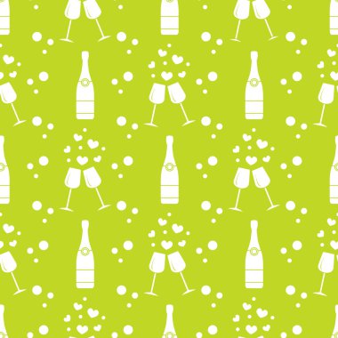 Şampanya bardağı, kalpler, şişe ile Seamless modeli. Tebrik kartı Sevgililer günün kutlu olsun. Romantik arka plan.