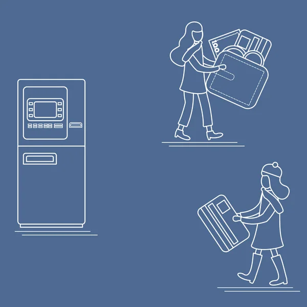 Ilustración Vectorial Con Dos Niñas Utiliza Servicios Atm Tarjeta Bancaria — Archivo Imágenes Vectoriales