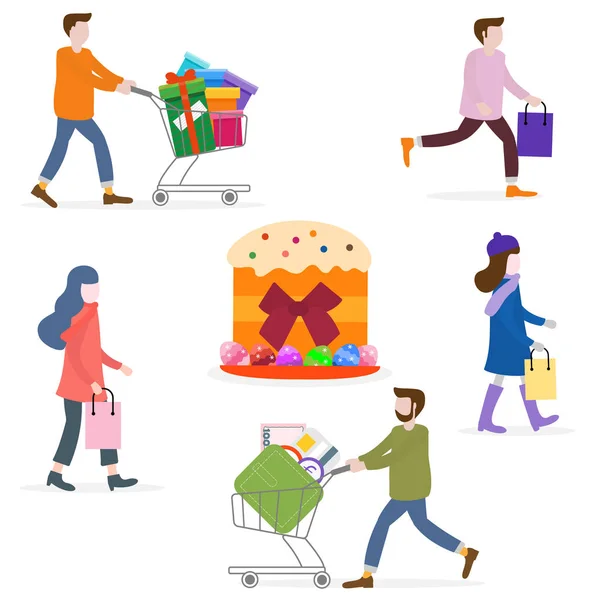 Illustrazione Vettoriale Con Gente Andare Fare Shopping Portare Shopping Torta — Vettoriale Stock