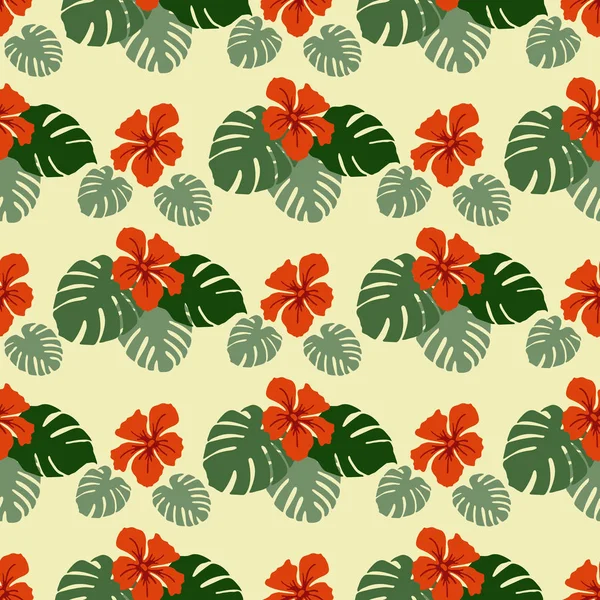 Patrón Sin Costuras Con Hojas Monstera Flores Hibisco Fondo Tropical — Vector de stock