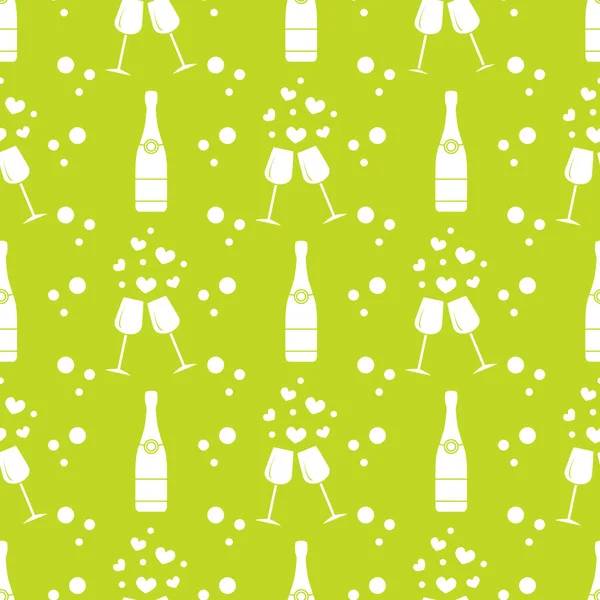 Şampanya bardağı, kalpler, şişe ile Seamless modeli. Tebrik kartı Sevgililer günün kutlu olsun. Romantik arka plan.