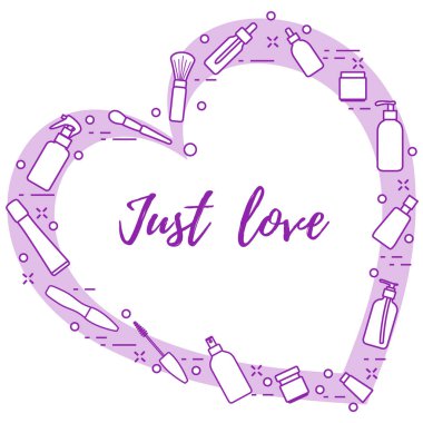 Kozmetik ve bakım ürünleri kalp şeklinde düzenlenmiştir. Glamour moda moda stil.