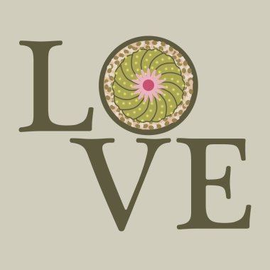 Vektör çizim çiçek açan kaktüs ve yazıt sevgi ile. Aşk mesajı. Tebrik kartı Sevgililer günün kutlu olsun. Romantik arka plan.