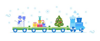 Komik vektör çizim Noel Tren taşır Noel ağacı ile süpürge, hediyeler ile kardan adam. Mutlu yeni yıl 2019, Noel kartı.