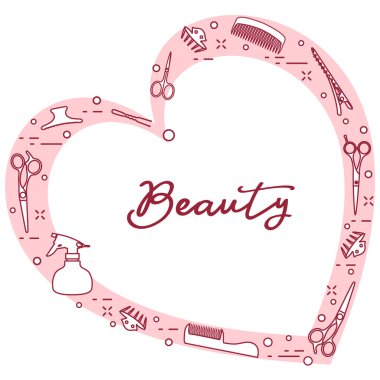 Kalp şeklinde düzenlenmiş profesyonel kuaför araçları ile vektör çizim. Güzellik Salonu. Manikür. Glamour moda moda stil.