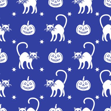 Cadılar Bayramı 2019 vektör balkabağı ve cadı cats ile seamless modeli. Parti kartı, sarma, kumaş, yazdırma için tasarım.