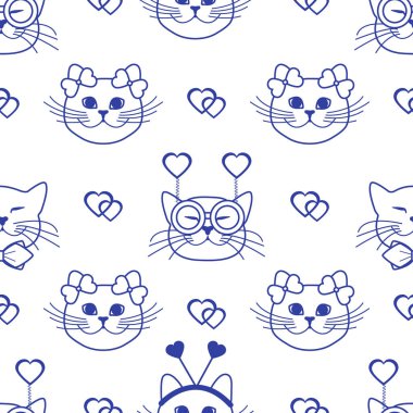 Namlu kedilerin karnaval maske, Gözlük, kravat, yay, saç bantları ve kalpleri ile Seamless modeli. Tebrik kartı Sevgililer günün kutlu olsun. Romantik arka plan. Karnaval şenlikli kavramı.