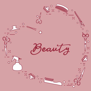 Kalp şeklinde düzenlenmiş profesyonel kuaför araçları ile vektör çizim. Güzellik Salonu. Manikür. Glamour moda moda stil.