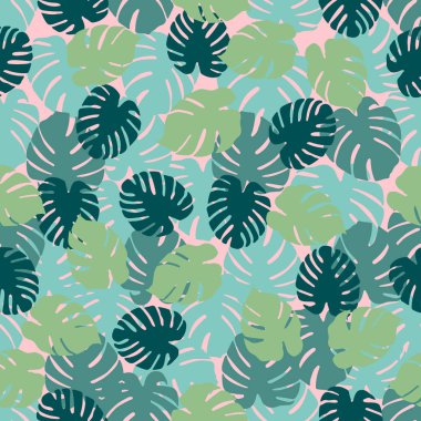 Monstera ile Seamless modeli bırakır. Tropikal arka plan. Tasarım afiş, poster, tekstil, yazdırma için.