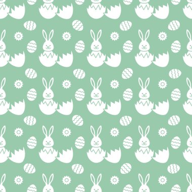 Paskalya yumurta dekore edilmiş ve bir yumurta dışında seyir Bunny ile Seamless modeli. Mutlu Paskalyalar. Festival arka plan. Başlık sayfası, poster veya baskı için tasarım.