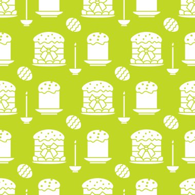 Paskalya kek, mum, bir şekilde dekore edilmiş yumurta ile Seamless modeli. Mutlu Paskalyalar. Festival arka plan. Başlık sayfası, poster veya baskı için tasarım.