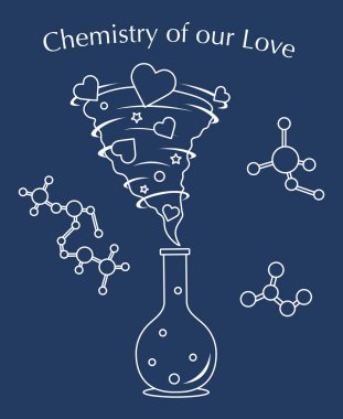 Vektör çizim flask, kalpleri kasırga ile. Aşk duygu. Bizim aşk yazıt kimya. Aşk mesajı. Sevgililer günün kutlu olsun. Romantik arka plan.