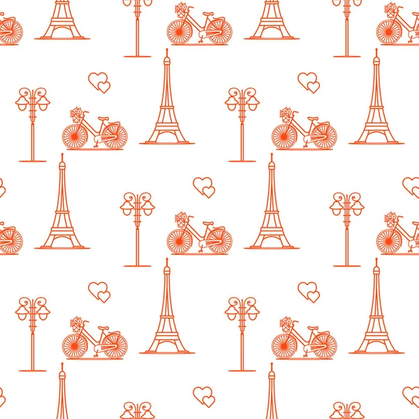 无缝图案与著名的塔 自行车 旅行和休闲 情人节 浪漫背景 — 图库矢量图片