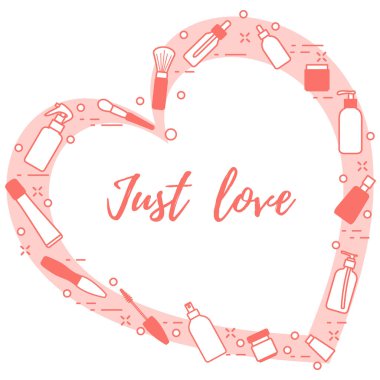 Kozmetik ve bakım ürünleri kalp şeklinde düzenlenmiştir. Glamour moda moda stil.