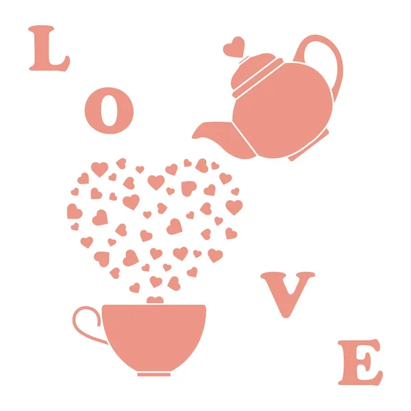 Illustration Vectorielle Avec Bouilloire Tasse Thé Coeurs Joyeuse Saint Valentin — Image vectorielle