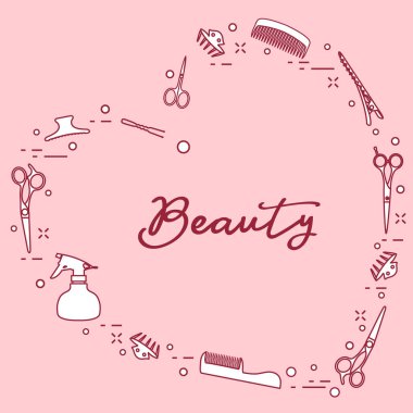 Kalp şeklinde düzenlenmiş profesyonel kuaför araçları ile vektör çizim. Güzellik Salonu. Manikür. Glamour moda moda stil.