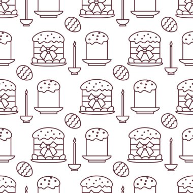 Paskalya kek, mum, bir şekilde dekore edilmiş yumurta ile Seamless modeli. Mutlu Paskalyalar. Festival arka plan. Başlık sayfası, poster veya baskı için tasarım.