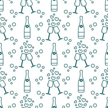 Şampanya bardağı, kalpler, şişe ile Seamless modeli. Tebrik kartı Sevgililer günün kutlu olsun. Romantik arka plan.