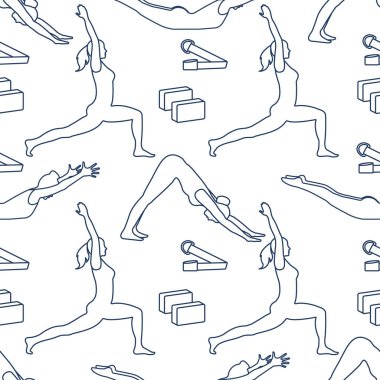 Kadınlar yoga ile Seamless modeli poz veriyor, bloklar, kemer için yoga. Sakin ol ve meditasyon. Sağlıklı bir yaşam tarzı. Eğitim dengesi. Banner için tasarım ve baskı.