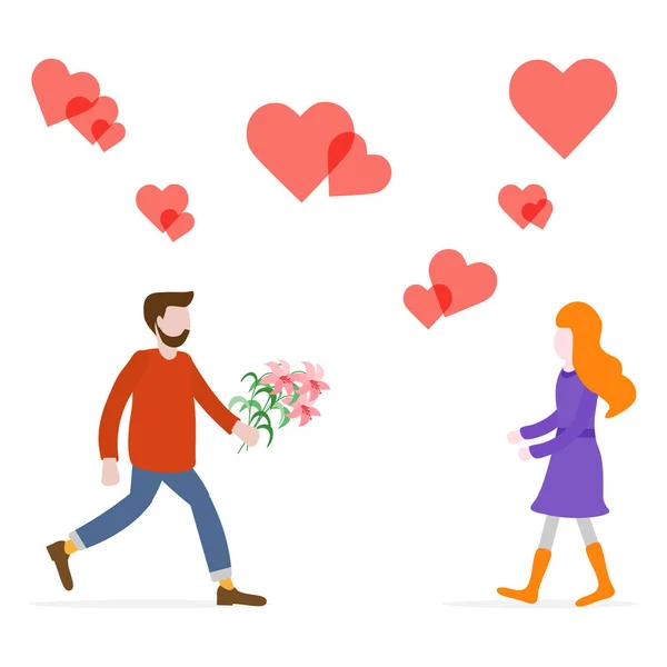 Young Man Flowers Rushing Date Woman Hearts Birthday Valentine Day — Stock Vector