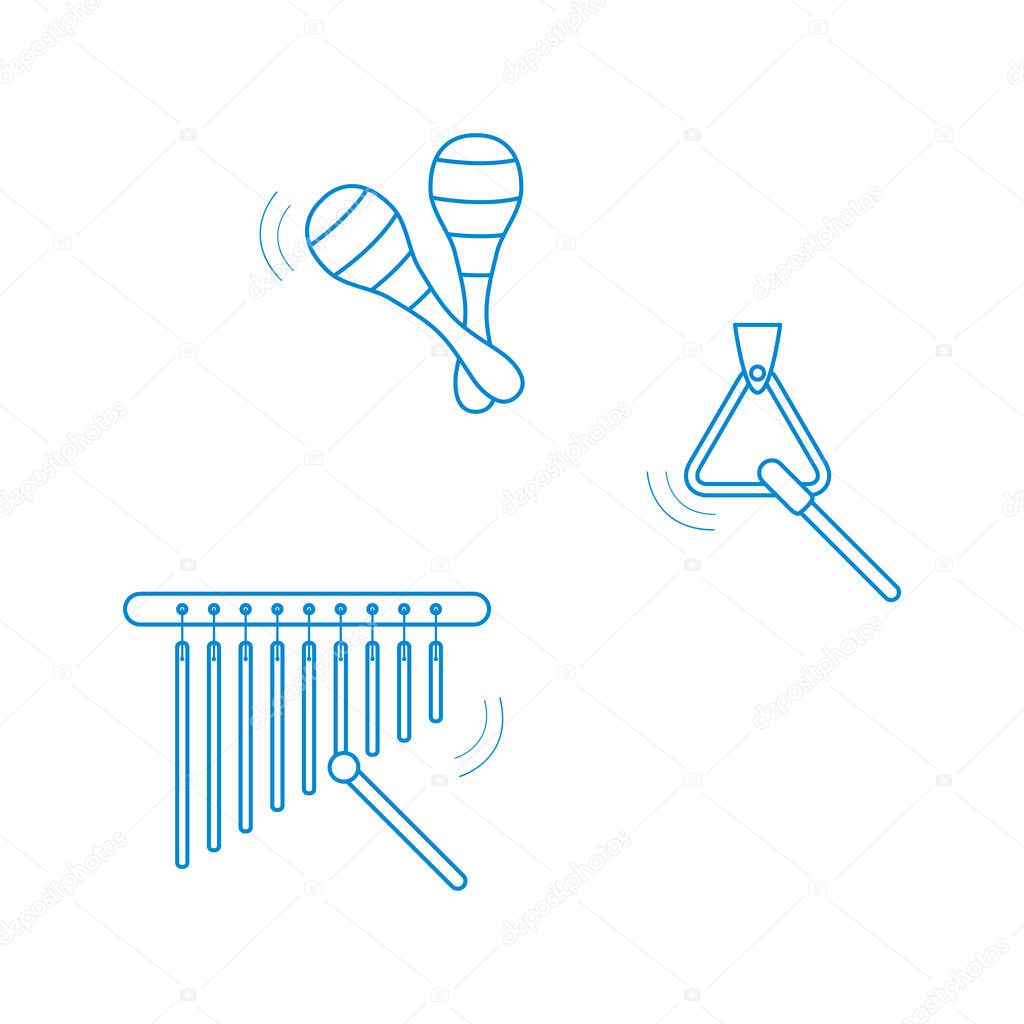 Vector illustration with maracas, bar chimes, triangle. Musical instruments. Toy. Design for postcard, banner, poster or print.