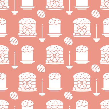 Paskalya kek, mum, bir şekilde dekore edilmiş yumurta ile Seamless modeli. Mutlu Paskalyalar. Festival arka plan. Başlık sayfası, poster veya baskı için tasarım.