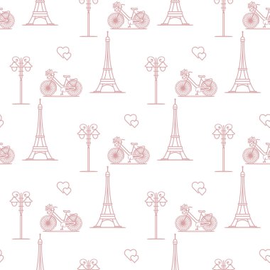 Ünlü Kulesi, Bisiklet, fener, kalpleri ile Seamless modeli. Seyahat ve eğlence. Sevgililer günü. Romantik arka plan.