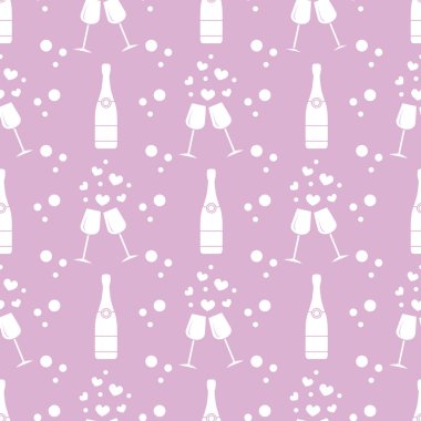 Şampanya bardağı, kalpler, şişe ile Seamless modeli. Tebrik kartı Sevgililer günün kutlu olsun. Romantik arka plan.