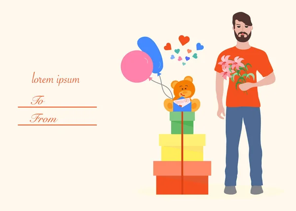 Νεαρός Άνδρας Λουλούδια Και Κουτιά Δώρων Μπαλόνια Μαλακό Παιχνίδι Αρκούδα — Διανυσματικό Αρχείο