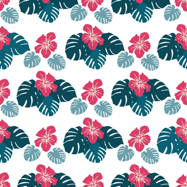 Nahtloses Muster Mit Monsterblättern Und Hibiskusblüten Tropischer Hintergrund Design Für — Stockvektor