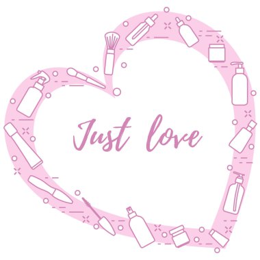 Kozmetik ve bakım ürünleri kalp şeklinde düzenlenmiştir. Glamour moda moda stil.