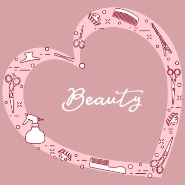 Kalp şeklinde düzenlenmiş profesyonel kuaför araçları ile vektör çizim. Güzellik Salonu. Manikür. Glamour moda moda stil.