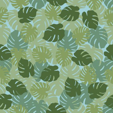 Monstera ile Seamless modeli bırakır. Tropikal arka plan. Tasarım afiş, poster, tekstil, yazdırma için.