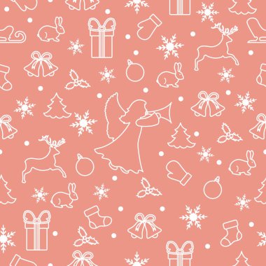 Mutlu yeni yıl 2019 ve Noel seamless modeli. Melek, eldivenler, tavşan, kızak, Hediyelik, kar taneleri, geyik, çan, Noel çorap, top, ökseotu, Noel ağacı ile kış illüstrasyon.