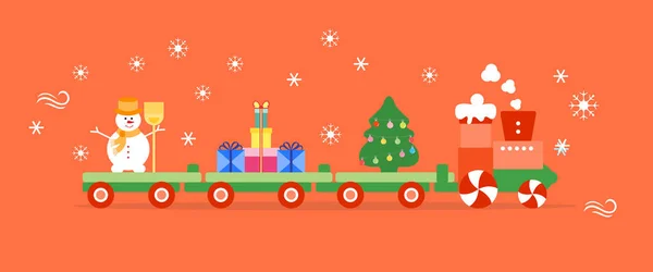 Lustige Vektor Illustration Mit Weihnachtszug Trägt Weihnachtsbaum Schneemann Mit Besen — Stockvektor